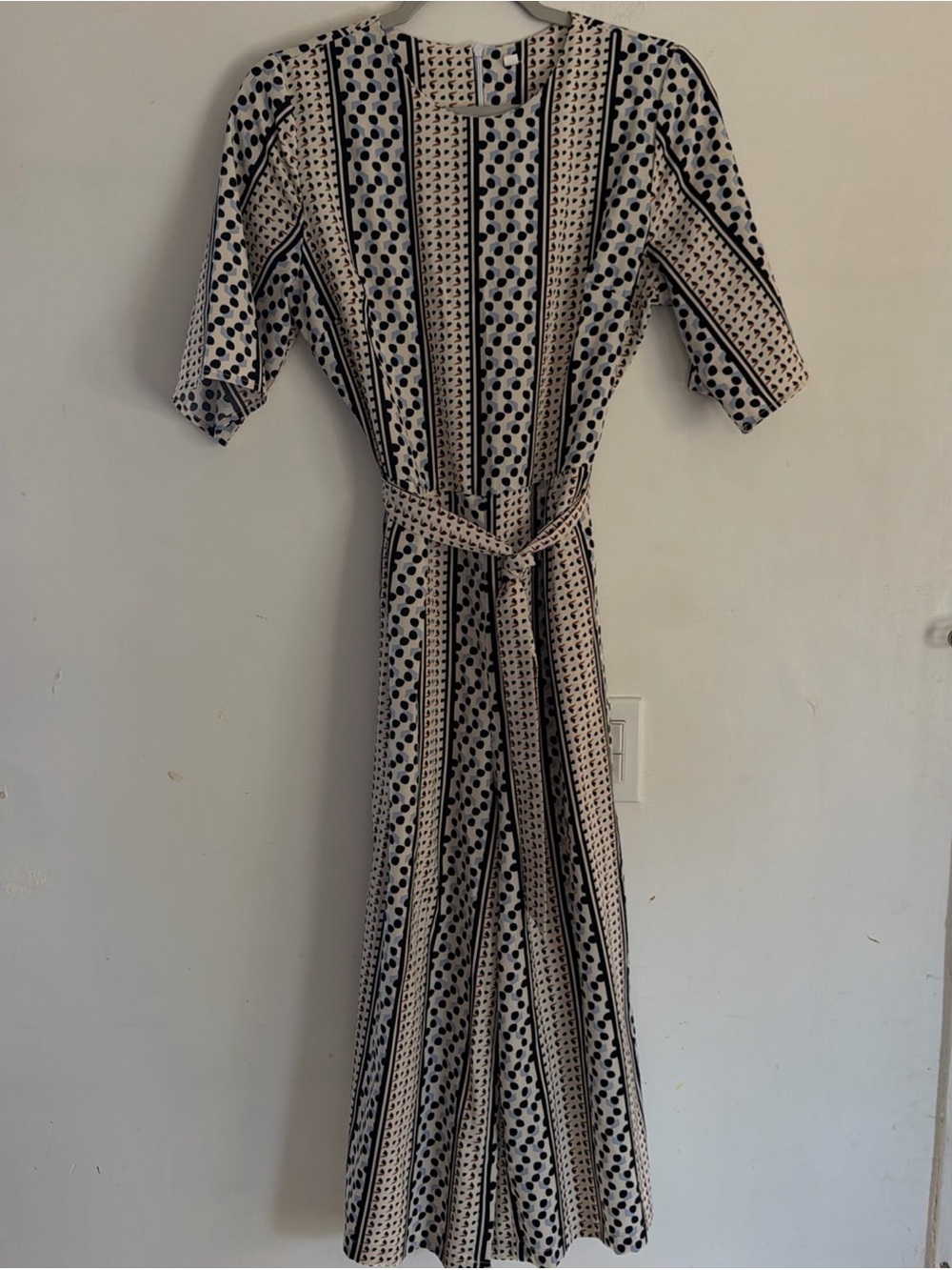 Cream and Black Polka-Stripe Jumpsuit with Waist Tie